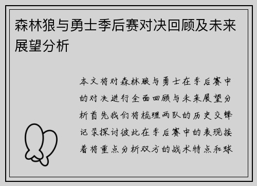 森林狼与勇士季后赛对决回顾及未来展望分析